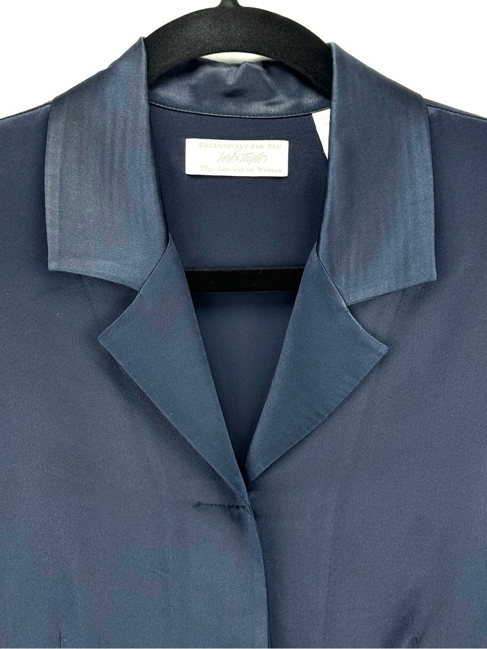 100% Silk Navy Blue Button-Front Long Sleeve Blouse - Picture 3 of 16